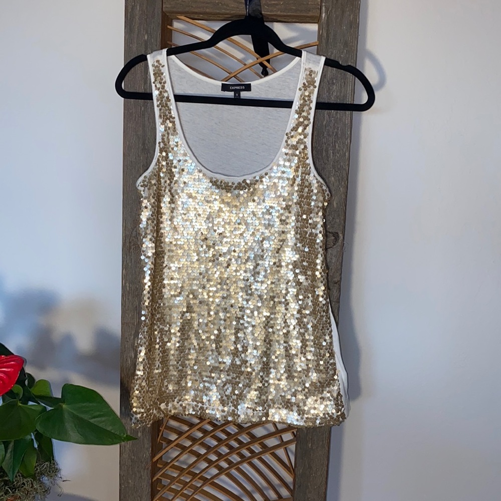 Express Gold Cream Sequin Tank Top Small